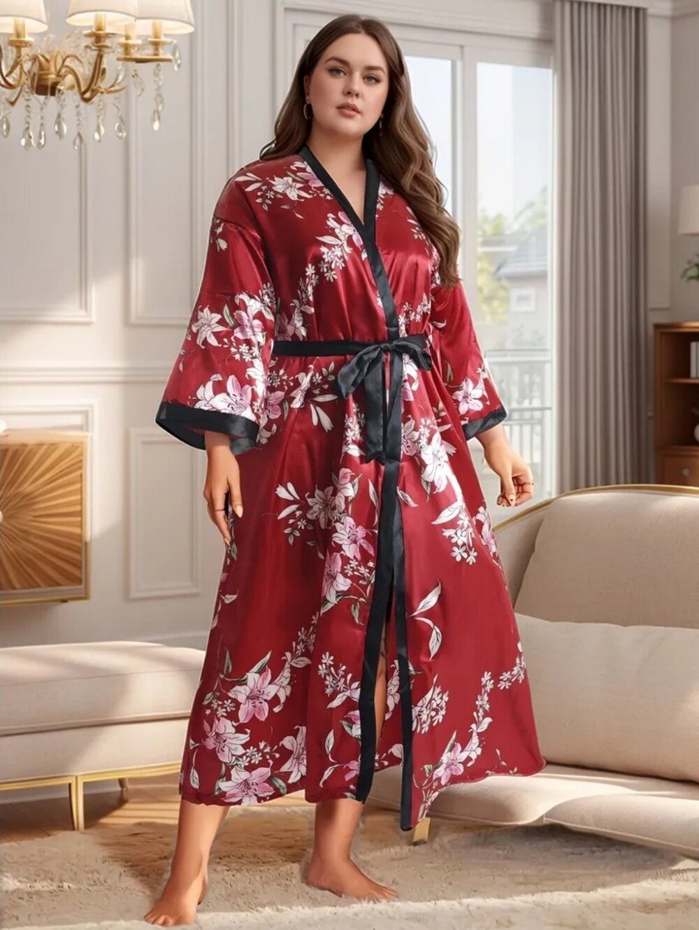 New! Women Beautiful Elegant Plus Size Floral Robe With Tie Belt